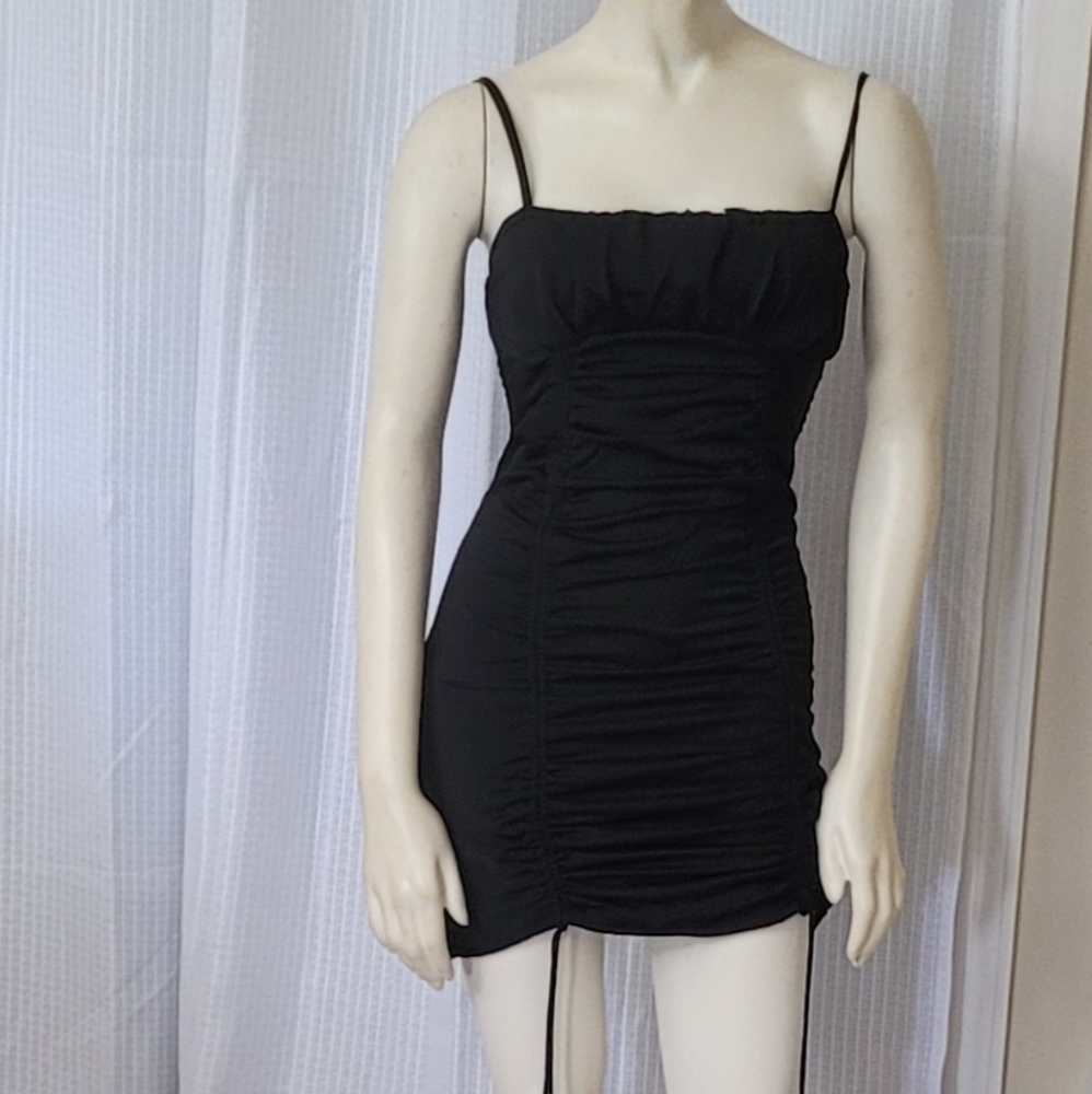 NWT O.Vianca Sexy Spaghetti Strap Ruched Dress Bodycon Mini Slim Fit Dress S